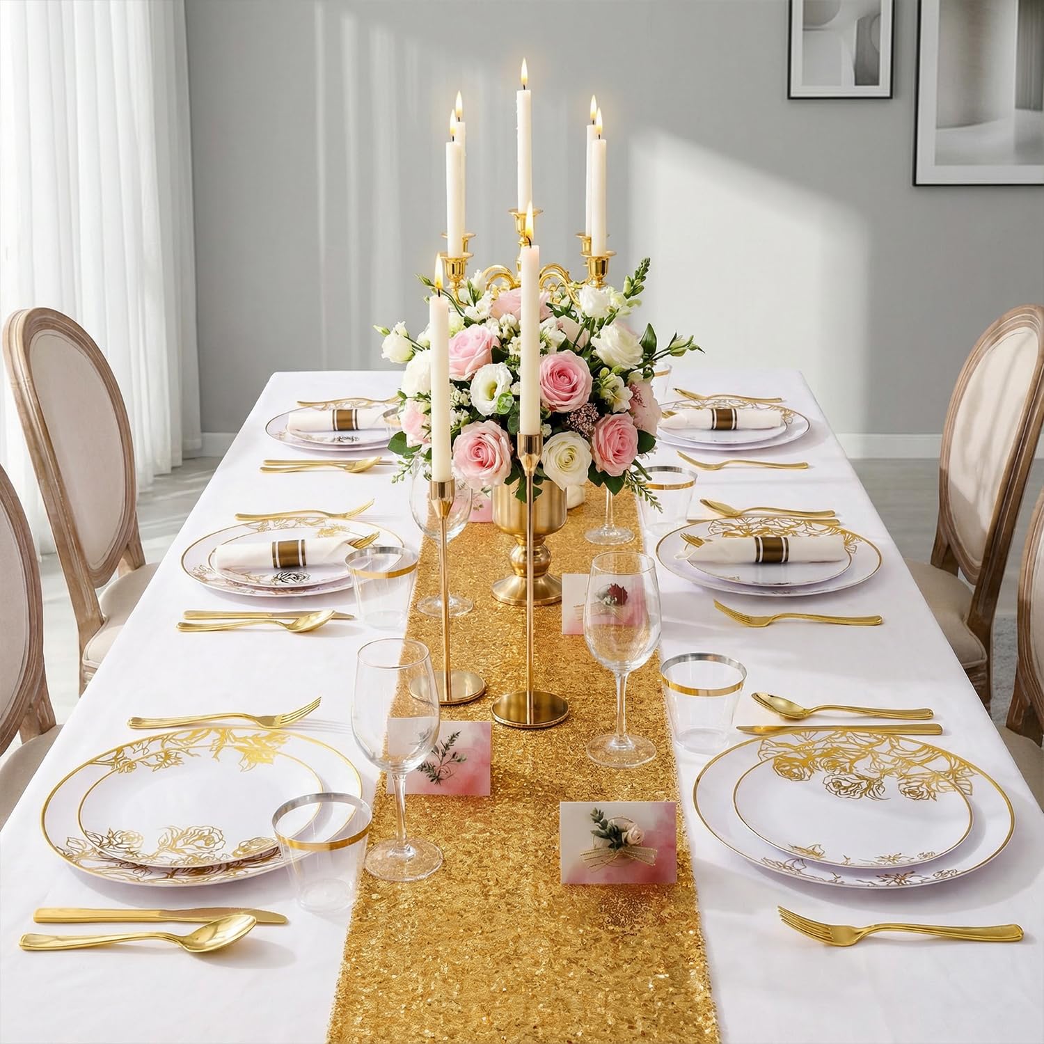 DaYammi 210Pcs White Gold Plastic Plates for Party,Gold Disposable Dinnerware Set Includes 60 gold Floral Plates,30 Plastic Silverware,30 Per Rolled Napkins,30 Cups for Mother's Day Party Wedding
