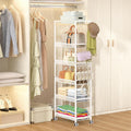 ThreeHio 6-Tier Closet Organizer and Storage Shelf with 12 Hooks, Tall Purse Rack for Closet with Lockable Wheels & Wooden Top, Heavy-Duty Rolling Handbag Stand Rack for Bedroom or Entryway, White