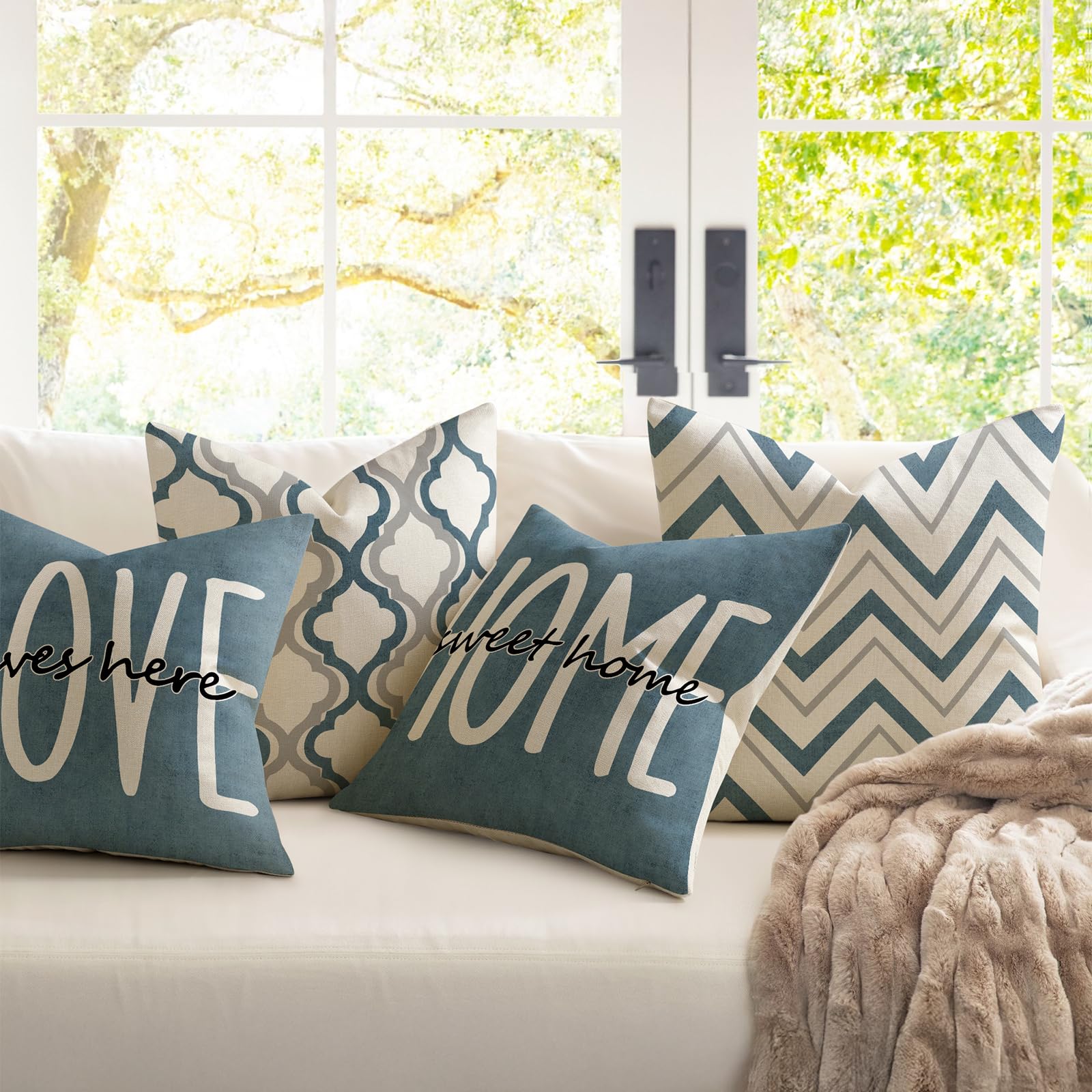 YCOLL Farmhouse Pillow Covers 18x18 Set of 4 Throw Pillow Covers Rustic Linen Decorative Pillows Square Cushion Covers for Couch Sofa Bedroom Home Decor