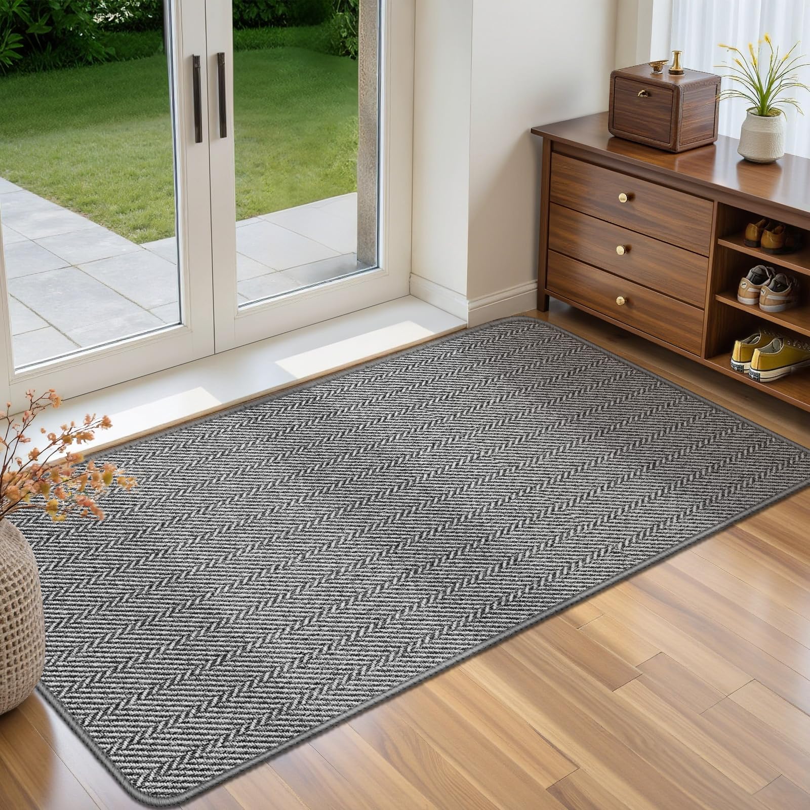 Ultra Thin Door Mat Indoor Entrance 17"x29", Low-Profile Indoor Door Mat, Non Slip Entry Mat Rubber Backing Unique Herringbone Design Inside Doormat Dirt Trapper Entryway Mats, Beige