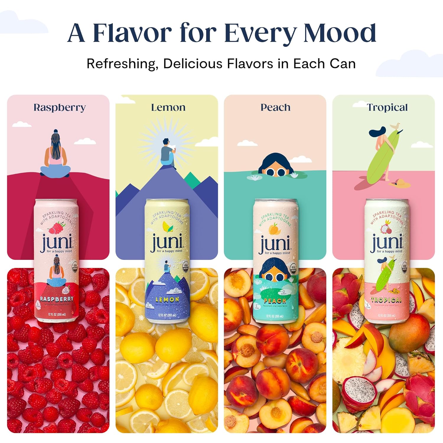 Juni Sparkling Adaptogen Drinks for Calm and Focus, Ashwagandha, Lion's Mane & Reishi Mushrooms, 30mg Green Tea Caffeine, Zero Sugar, Peach and Raspberry 24 Pack