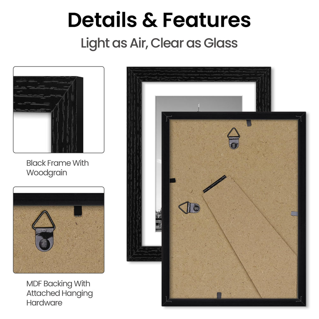 upsimples 8x10 Picture Frame, Lightweight Thin Frame for Prints, Display 5x7 with Mat or 8x10 Without, Easy Wall Hanging, Black 2 Pack