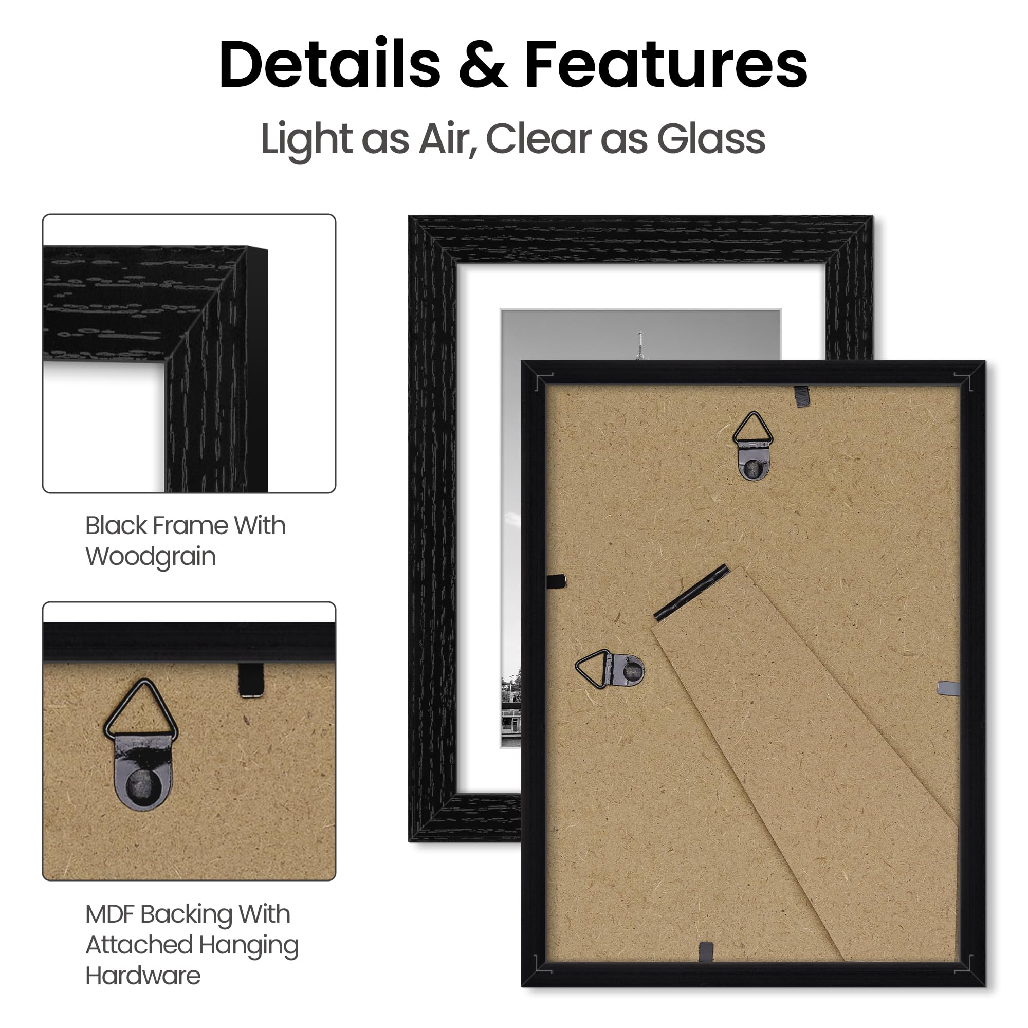 upsimples 8x10 Picture Frame, Lightweight Thin Frame for Prints, Display 5x7 with Mat or 8x10 Without, Easy Wall Hanging, Black 2 Pack