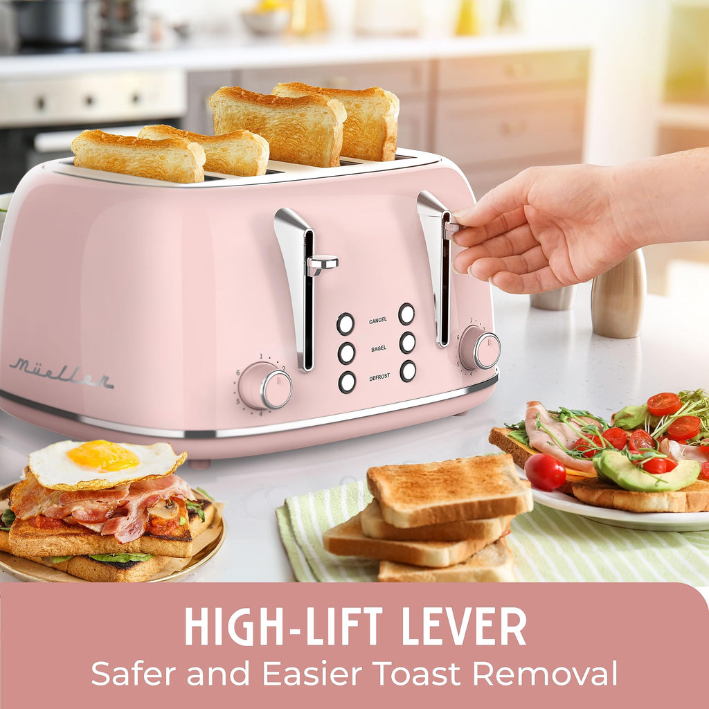 MUELLER HOME Retro Toaster 2 Slice, 7 Browning Levels, 3 Functions (Reheat, Defrost, Cancel), Stainless Steel Features, Removable Crumb Tray, Under Base Cord Storage, Turquoise