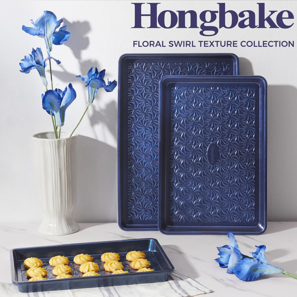 HONGBAKE Nonstick Baking Sheet Pan Set of 3, Cookie Sheets for Oven, Non-Toxic Half/Quarter/Jelly Roll Pans with Floral Swirl Texture, Heavy Duty 0.8mm Thick Oven Trays for Cooking, Dark Gray