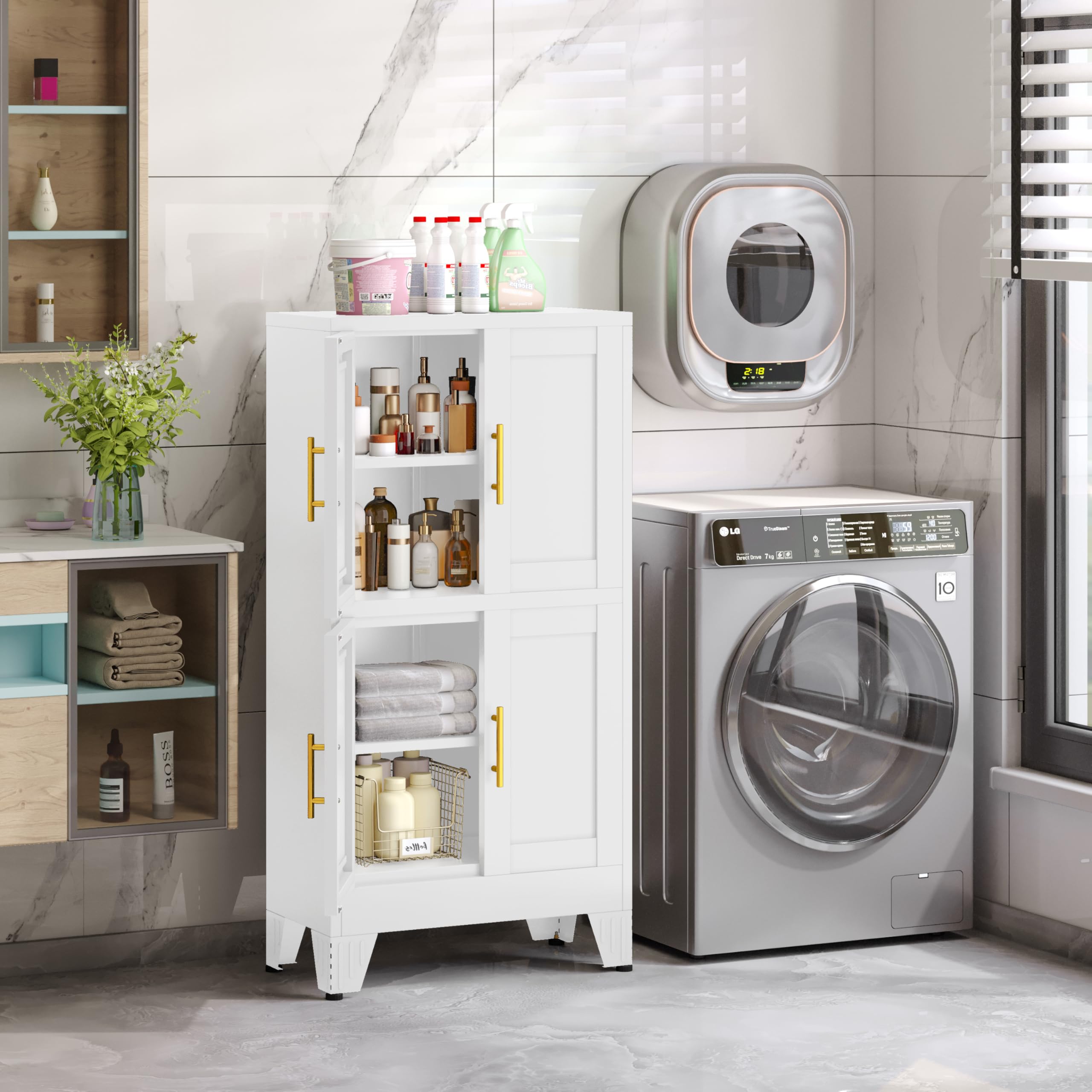 GAIOUS Metal Pantry Cabinet, Kitchen Pantry Storage Cabinets with 2 Door and 3 Adjustable Shelves, White Kitchen Pantry Cabinet, Freestanding Cupboard for Dining Room Living Room Bathroom
