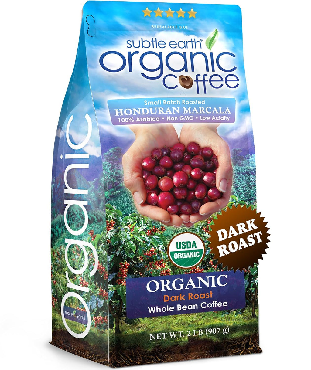 2LB Subtle Earth Organic Coffee - Dark Roast - Whole Bean Coffee - 100% Arabica Beans - Low Acidity and Non-GMO - 2lb bag