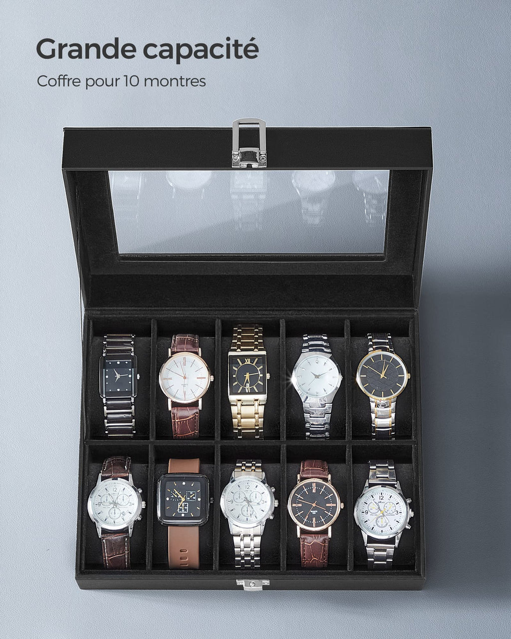 SONGMICS Watch Box, 12-Slot Watch Case Organizer with Large Glass Lid, Removable Pillows, Gift for Loved Ones, Black Synthetic Leather, Gray Lining UJWB12BK