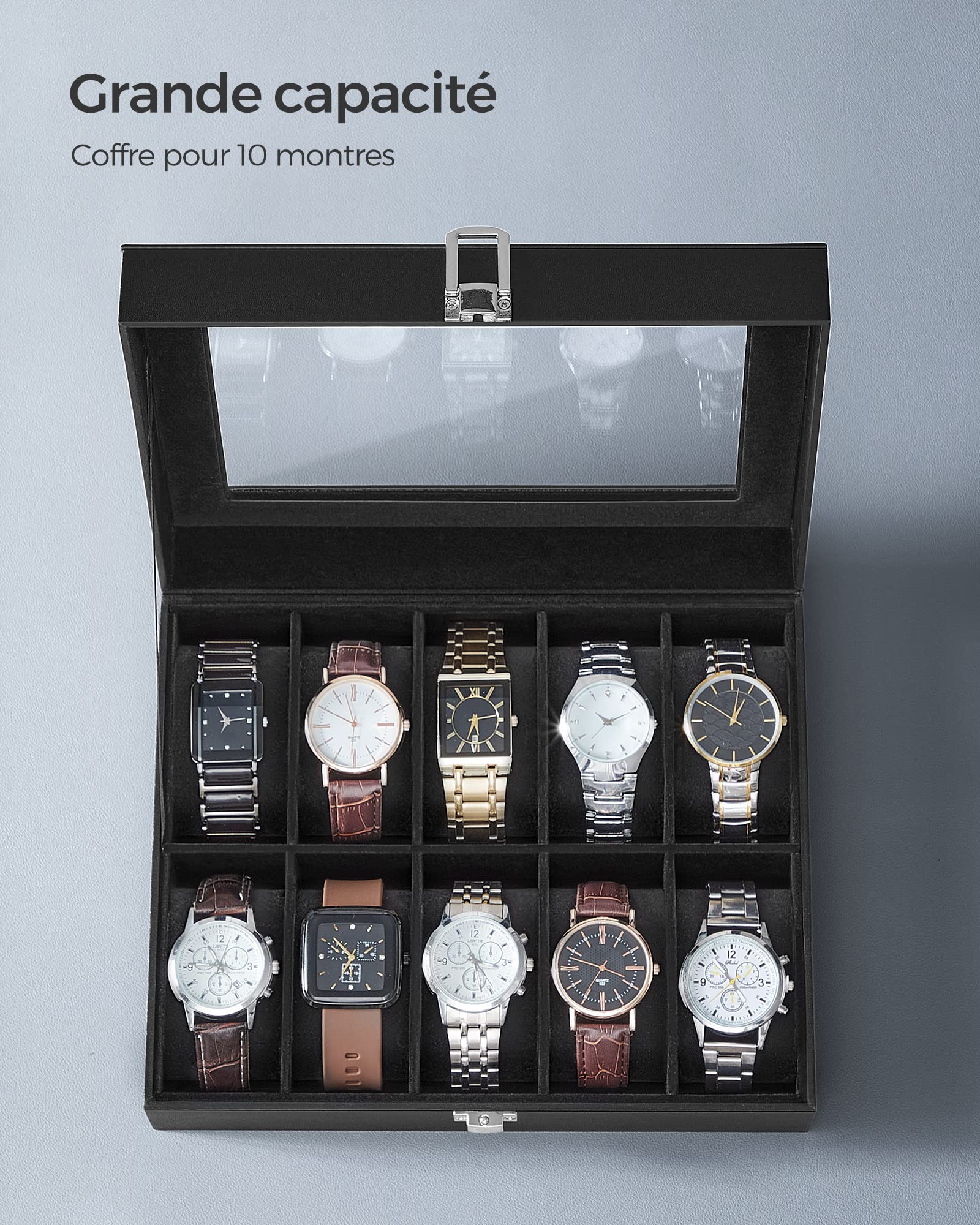 SONGMICS Watch Box, 12-Slot Watch Case Organizer with Large Glass Lid, Removable Pillows, Gift for Loved Ones, Black Synthetic Leather, Gray Lining UJWB12BK