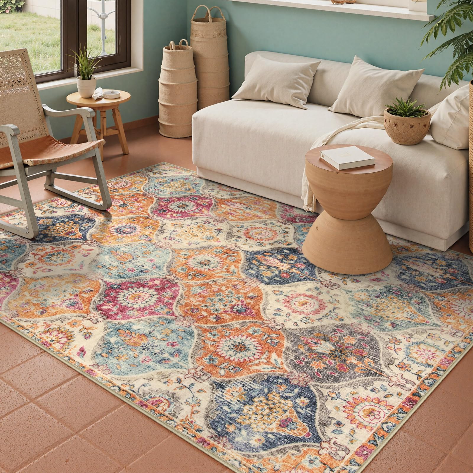Lahome Moroccan Trellis Washable Rug, 2x3 Kitchen Rugs for Entryway Bathroom, Non-Slip Indoor Door Mat Ultra-Thin, Small Oriental Throw Carpet for Bedroom Entry Elise, Cream/Multi