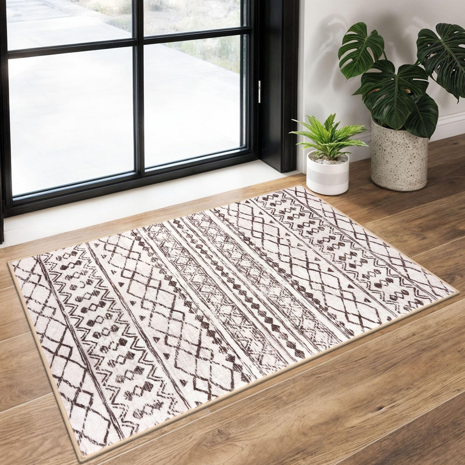 KUTA Washable Non-Slip Rugs for Entryway 2x3, Grey Moroccan Boho Small Area Rug, Ultra Soft Vintage Geometric Low-Pile Indoor Door Mat Floor Carpet for Indoor, Entrance, Kitchen, Bathroom, Bedroom