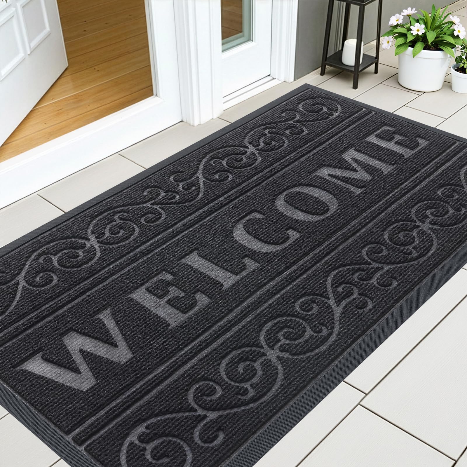 OLANLY Front Door Mat Outside Entrance 29.5x17, Absorbent, Heavy Duty Sturdy Natural Rubber Doormat Indoor Outdoor, Stain and Fade Resistant, Non-Slip Backing Low Profile Floor Mat for Entryway, Grey