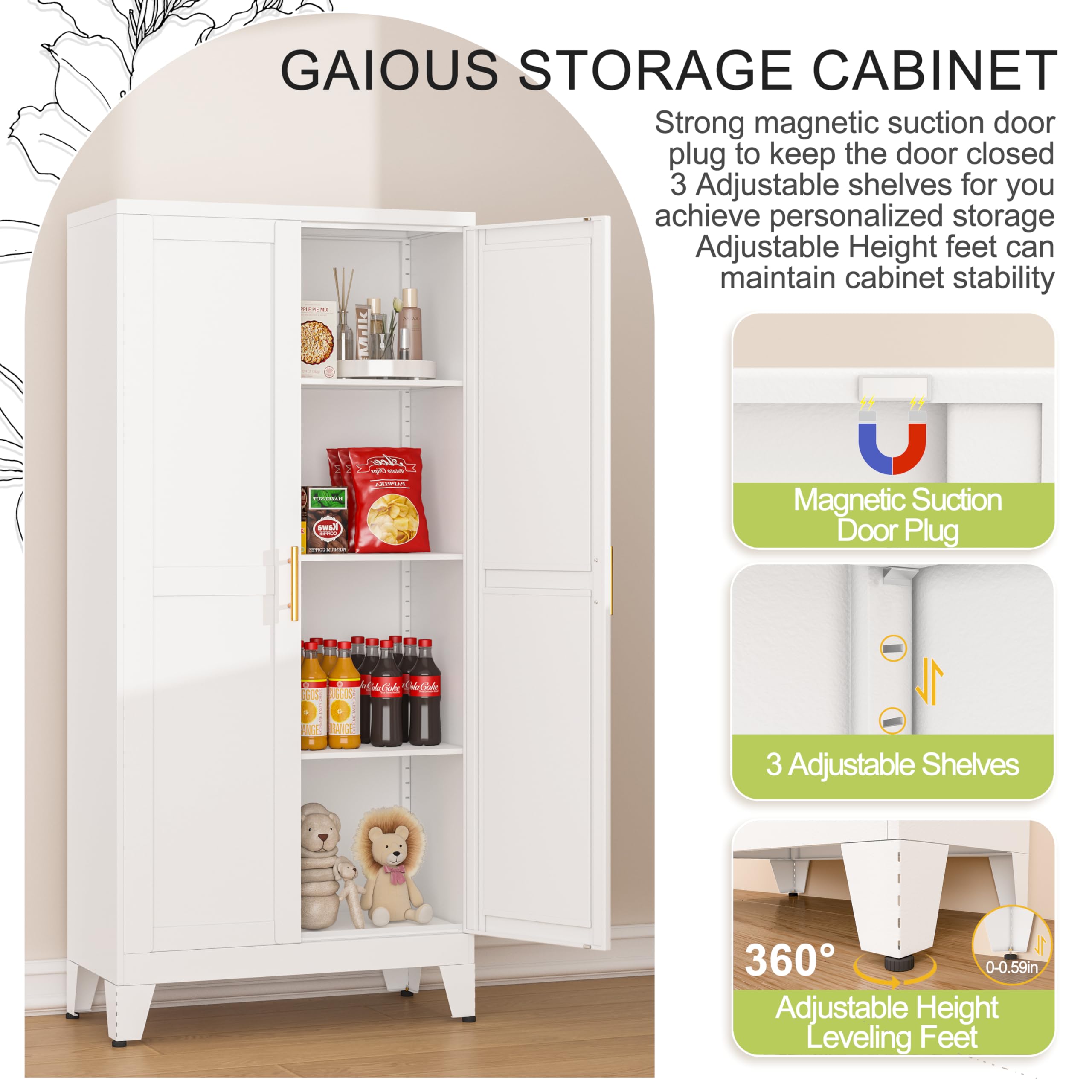 GAIOUS Metal Pantry Cabinet, Kitchen Pantry Storage Cabinets with 2 Door and 3 Adjustable Shelves, White Kitchen Pantry Cabinet, Freestanding Cupboard for Dining Room Living Room Bathroom