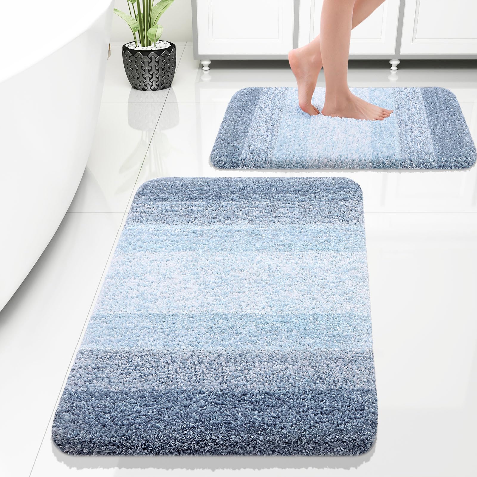 OLANLY Bathroom Rug Set 2 Piece, Soft Absorbent Microfiber Bath Mats and U-Shaped Contour Toilet Rug, Non-Slip, Machine Wash Dry, Plush Shaggy Bath Mats for Bathroom (24"x16"+24"x20", Grey)