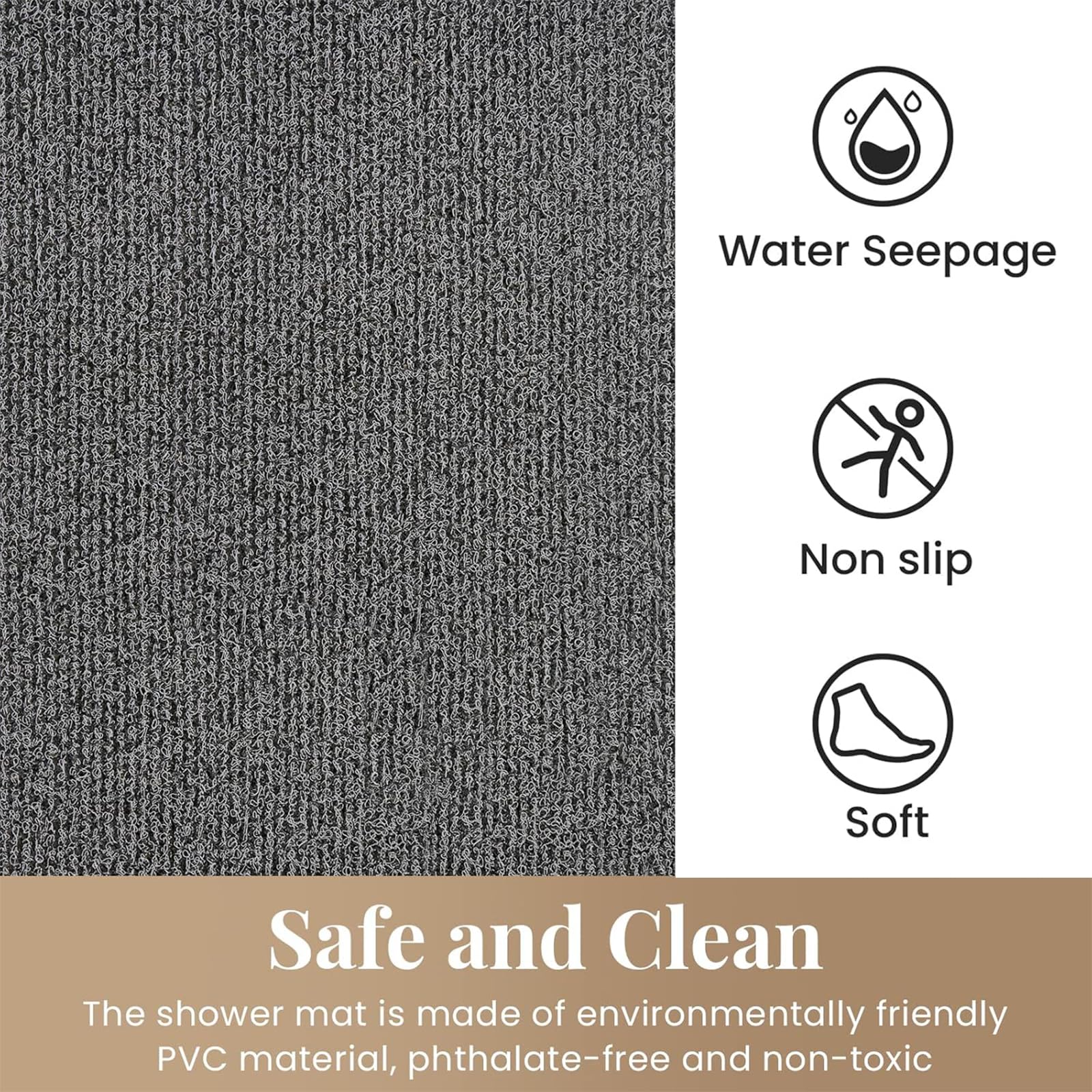 PVC Loofah Shower/Bathtub Mat Non-Slip, 24x16 inch, Soft Tub Mat with Drain, for Tub and Bathroom,Quick Drying,Grey