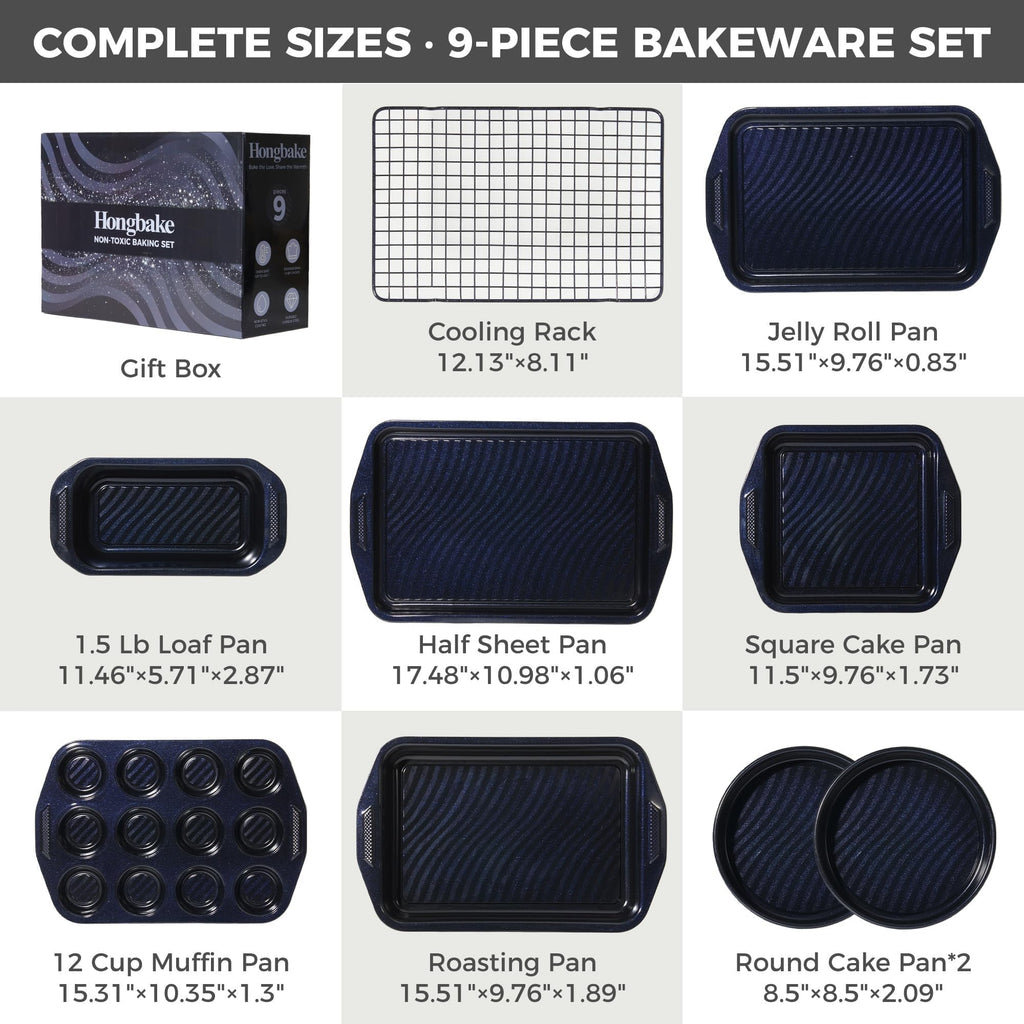 HONGBAKE 9-Piece Non Stick Baking Pans Set with Wave Texture for Reduced Oil, 0.8mm Thick Non Toxic Bakeware Sets, Includes Stackable Cookie Sheets for Oven Cooking, Cake Pan, Muffin Pan, Gold
