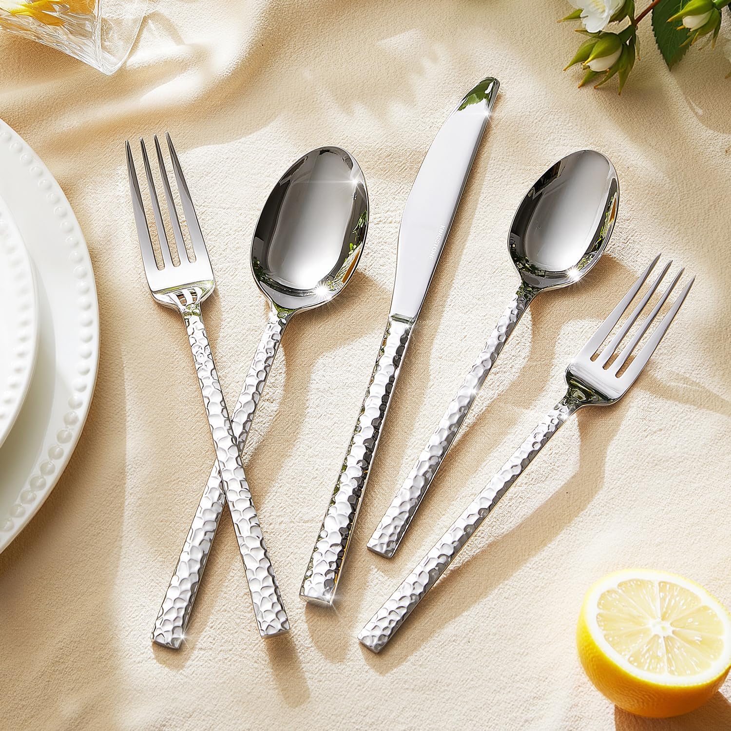 KINGSTONE 20 Piece Hammered Silverware Set and Bone China Dinnerware Sets, 12-Piece Dinnerware Set for 4