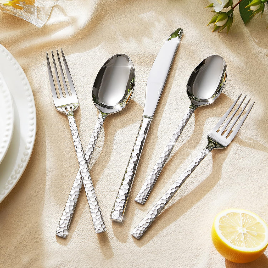 KINGSTONE 40 Piece Hammered Silverware Set and 8 Piece Serving Utensils Set
