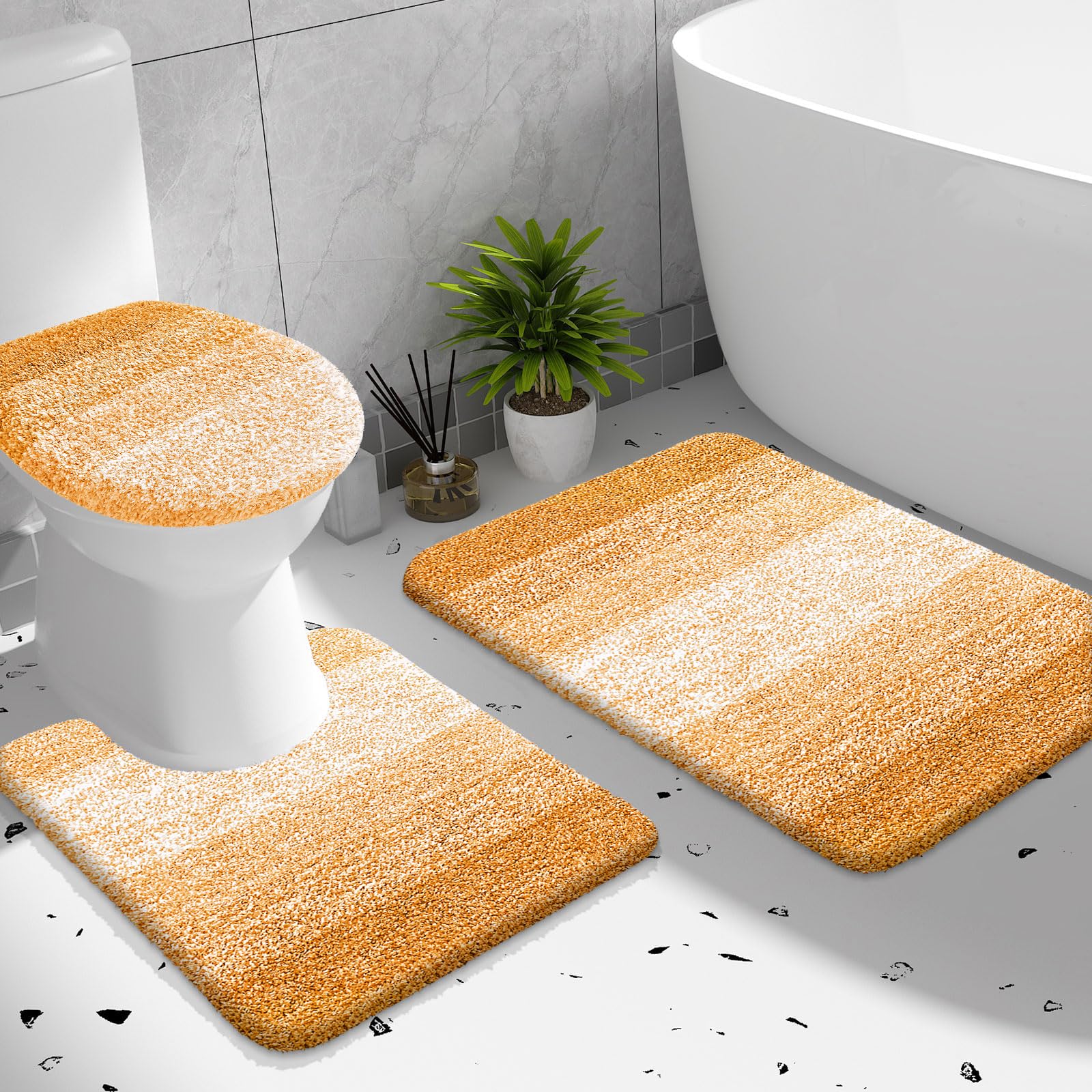 OLANLY Bathroom Rugs Sets 3 piece, Soft Microfiber Absorbent Bath Mat, U-Shaped Contour Toilet Mat and Toilet Lid Cover, Quick Dry, Machine Washable, Toilet Cover and Rug Set for Bathroom, Grey