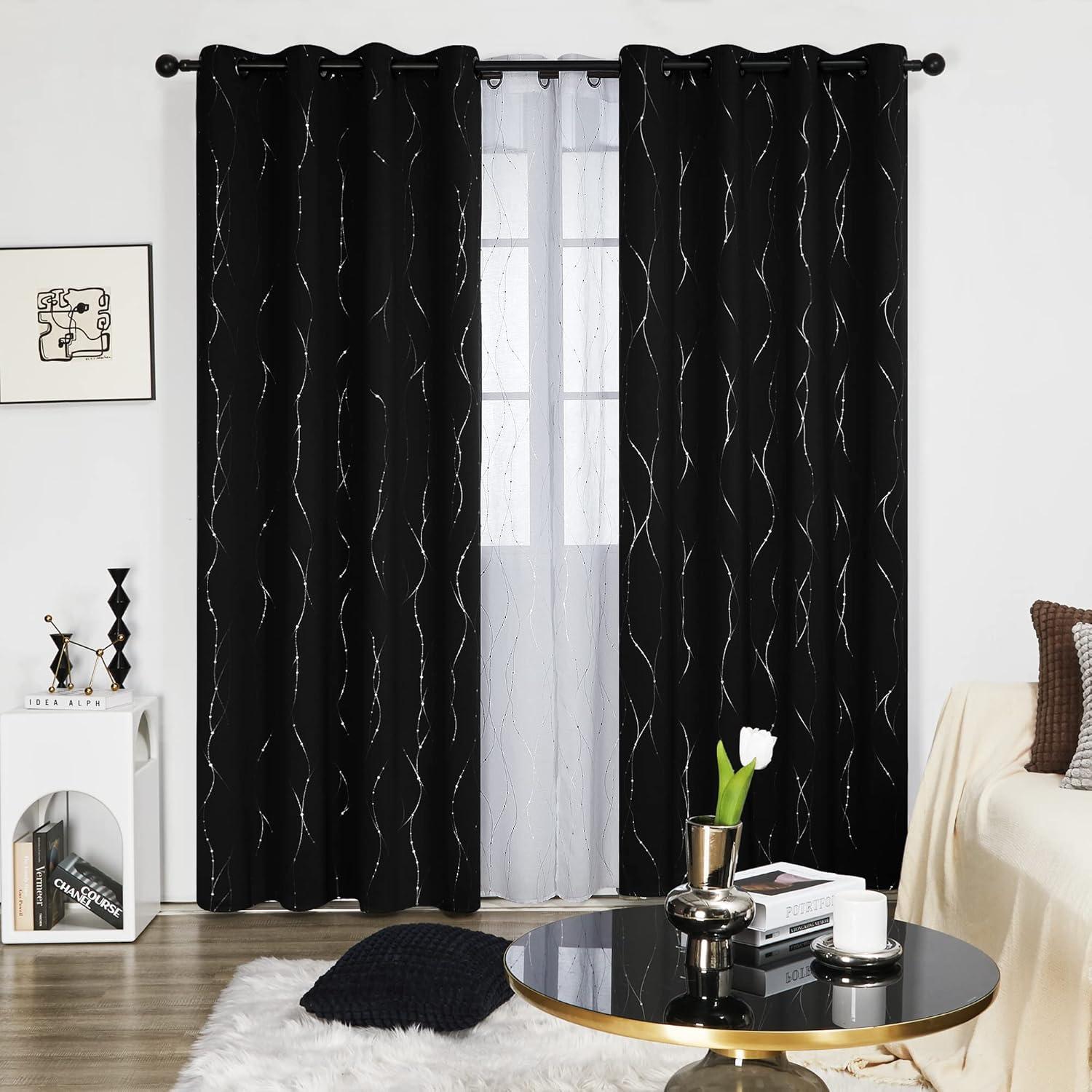 Deconovo Blackout Curtains, Grey Curtain, Thermal Insulated Soundproof Curtain Drapes, Wave Dot Foil Print, 52 x 84 Inch, 2 Panels, Machine‑Washable Privacy Window Drape for Bedroom Living Room Office
