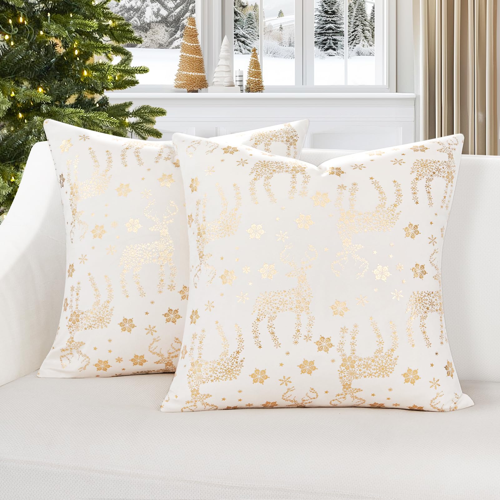 Topfinel Christmas Pillow Covers 18x18 Set of 2,Xmas Cream Velvet Snowflake Reindeer Decorative Pillow Case Winter Holiday Decor for Home Couch,White and Gold