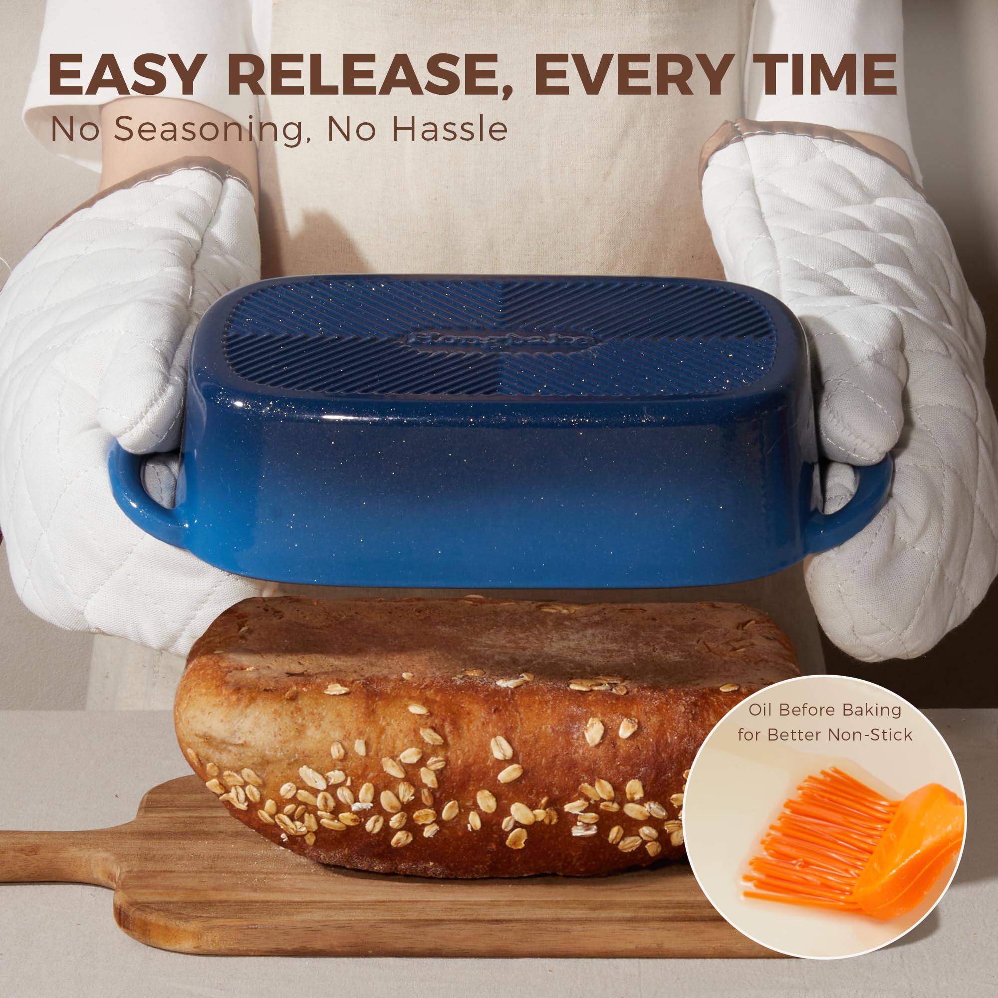 HONGBAKE Everline Collection 2 in 1 Enameled Cast Iron Loaf Pan with Lid, 9x5 Bread Pans for Baking Homemade Sourdough, Nonstick Large Banana Baking Tins, Even Heating Bread Dutch Oven, Blue