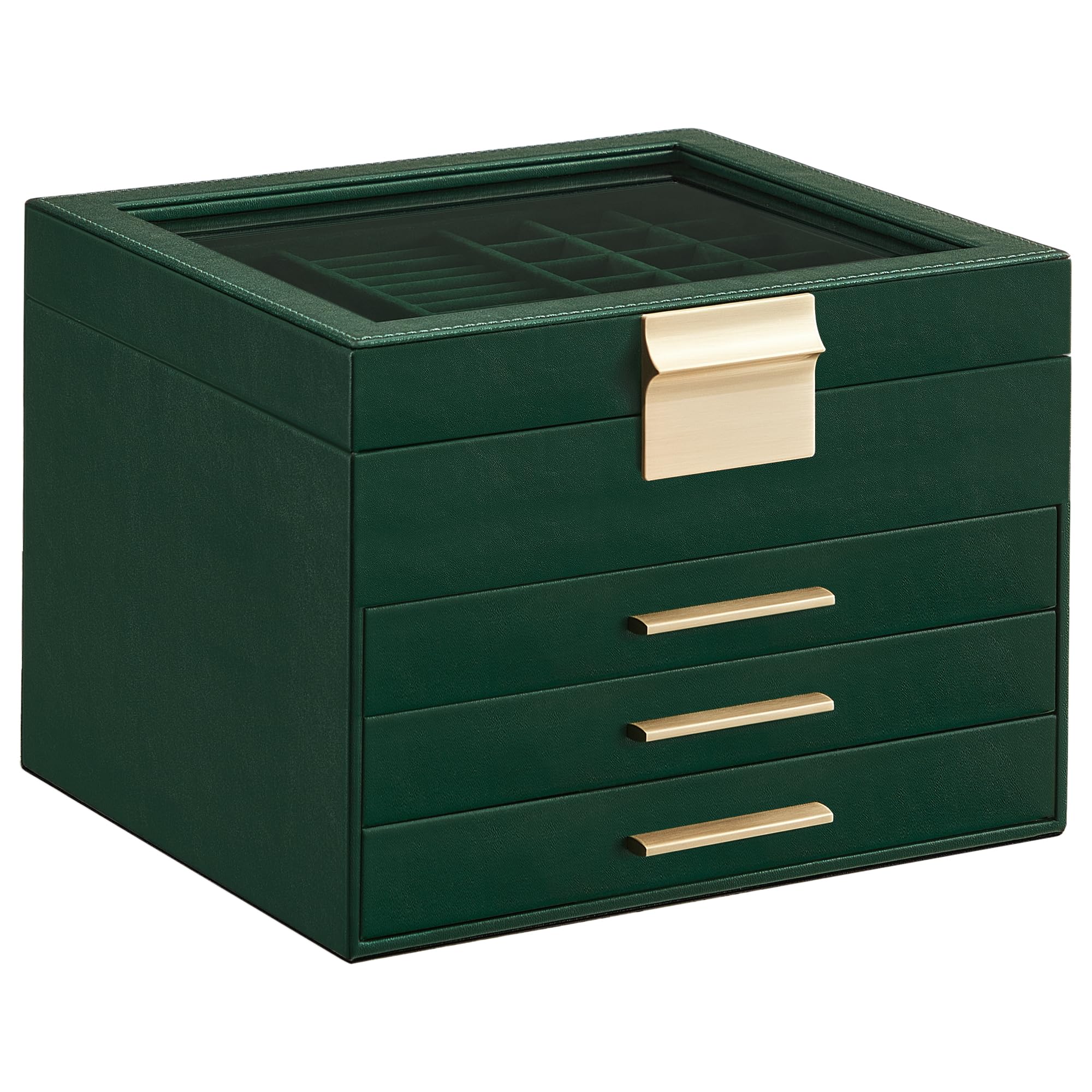 SONGMICS GISELLA Collection - Jewelry Box Organizer, 3-Layer Jewelry Storage with 2 Drawers, Shiny Metal Hardware, Glass Lid, Modern, 8 x 9.1 x 5.3 Inches, Cloud White and Gold Color UJBC239WT