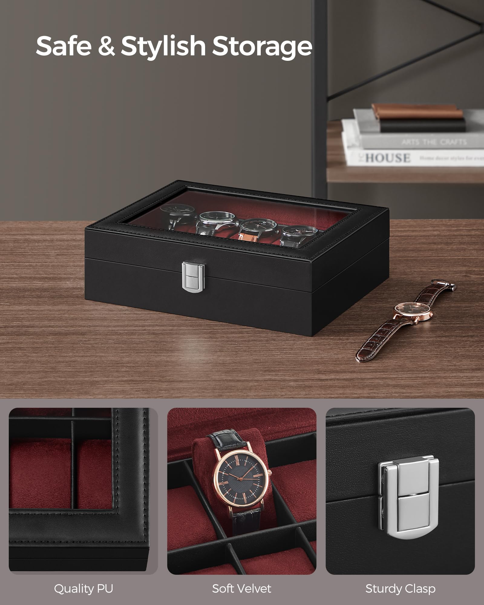 SONGMICS Watch Box, 12-Slot Watch Case Organizer with Large Glass Lid, Removable Pillows, Gift for Loved Ones, Black Synthetic Leather, Gray Lining UJWB12BK