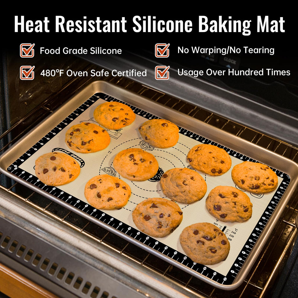 Silicone Baking Mat with Recipes, Extra Thick Silicone Mats for Baking, Non Stick Pastry Mat for Rolling Dough, Silicone Macaron Baking Mat for Cookie,Bread,Pizza,Fondant Mat, Oven&Dishwasher Safe