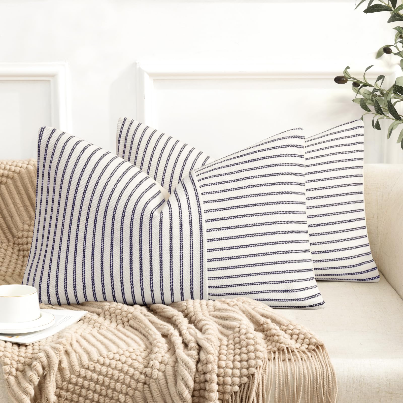 YCOLL Farmhouse Pillow Covers 18x18, Modern Accent Square Throw Pillow Covers Set of 2, Gray and Beige Striped Patchwork Linen Decorative Pillows Cushion Covers for Couch Chair Bedroom Home Decor