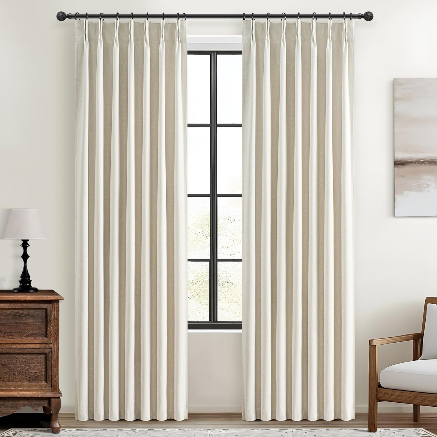 Natural Linen Pinch Pleated Blackout Curtains & Drapes 96 Inch Long Bedroom/Livingroom Farmhouse Curtains 2 Panel Sets, Neutral Track Room Darkening Thermal Insulated 8ft Back Tab Window Curtain