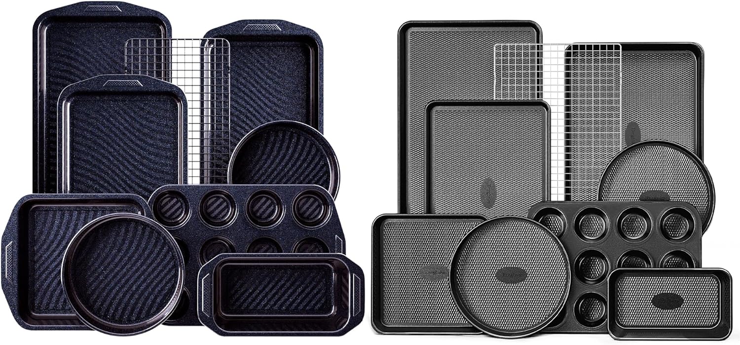 HONGBAKE 9-Piece Baking Pans Set with Diamond Texture & 9-Piece Baking Pans Set with Wave Texture