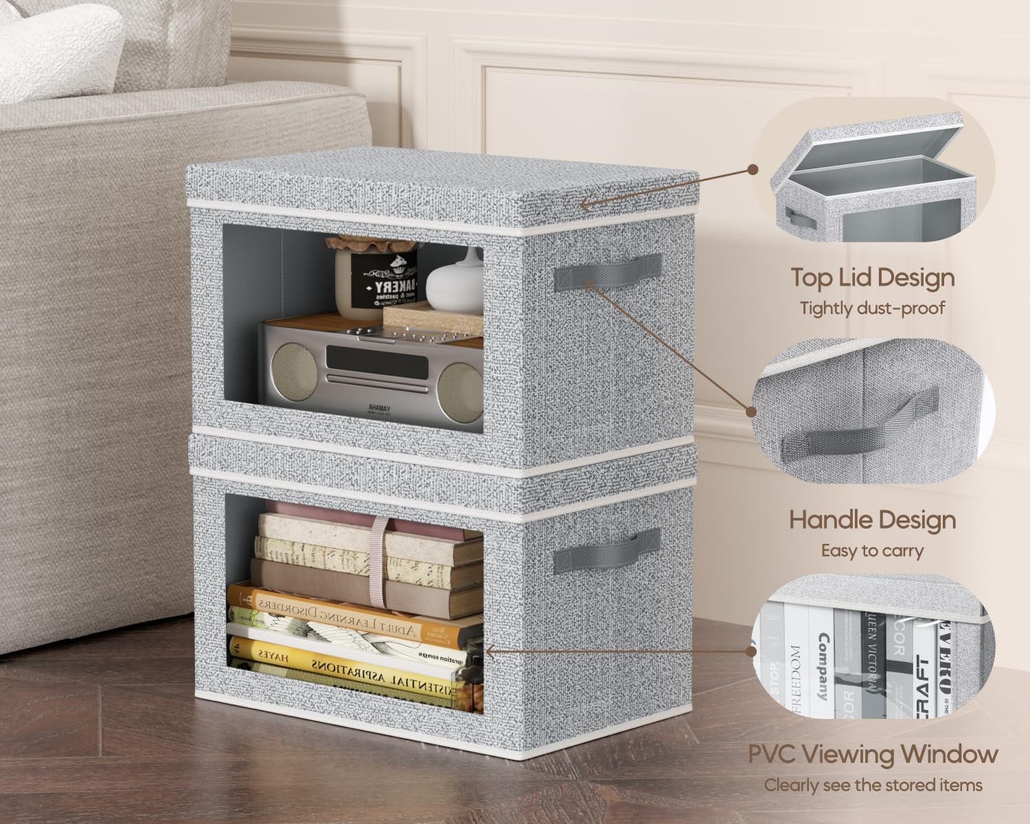 Homsorout Collapsible Storage Bins with Lids - Stackable Storage Containers with Window, 6 Pack Fabric Organizing Bins for Closet, Home & Office Organization Baskets, Beige, 14.9" x 9.8" x 9.8"