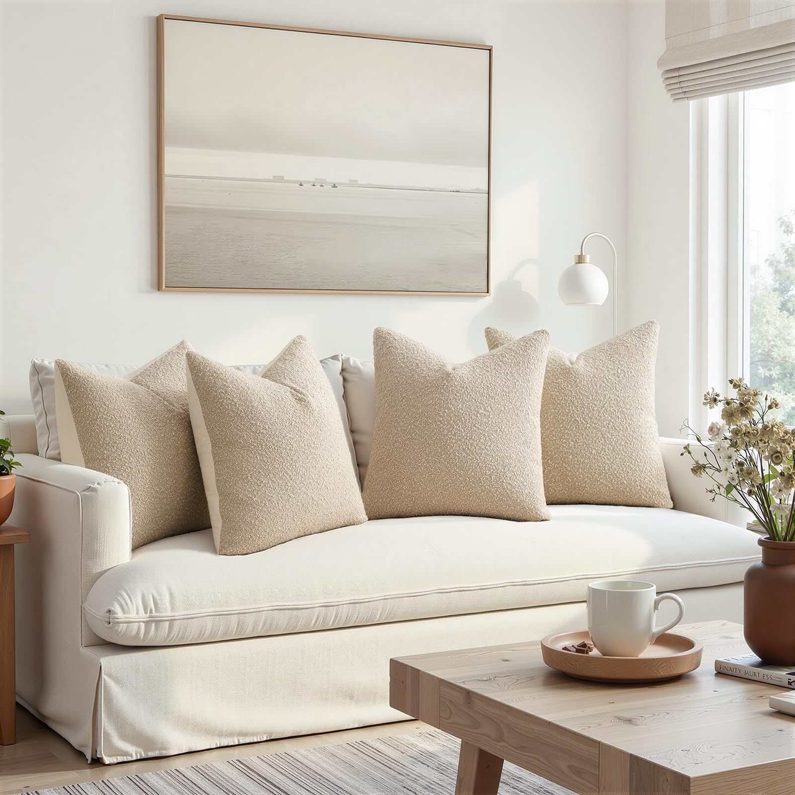 Topfinel Boucle Decorative Pillow Covers 18x18 Inches Set of 4 Neutral Cream Ivory White Pillowcase with Linen Cotton Back Chair Sofa Modern & Minimal Living Room Spring Home Decor