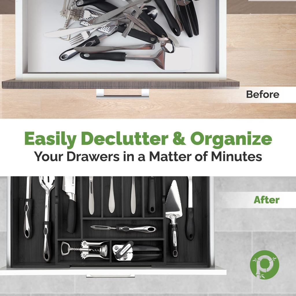 Silverware Organizer - Expandable Kitchen Drawer Organizer - Adjustable Kitchen Drawer Organizer for Utensils, Expandable to 22 Inches Wide, 10 Compartments, Silverware Tray for Drawer