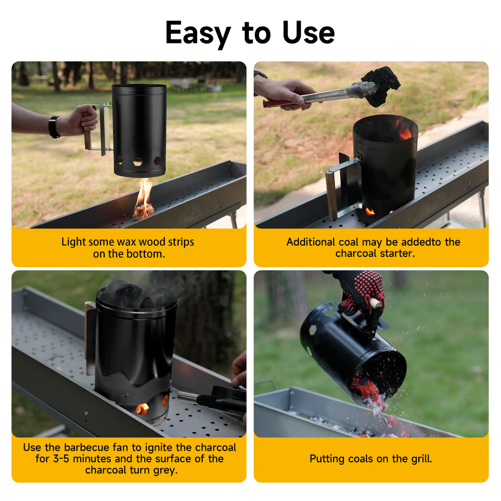 WILLBBQ Charcoal Chimney Starter Great for Fireplace, BBQ, Fire Pits, Barbecues, Chimineas, Campfires, Pizza Ovens - Zinc Steel BBQ Kit, 20 Starters, Heat Resistant Gloves Blower (Bright Black)