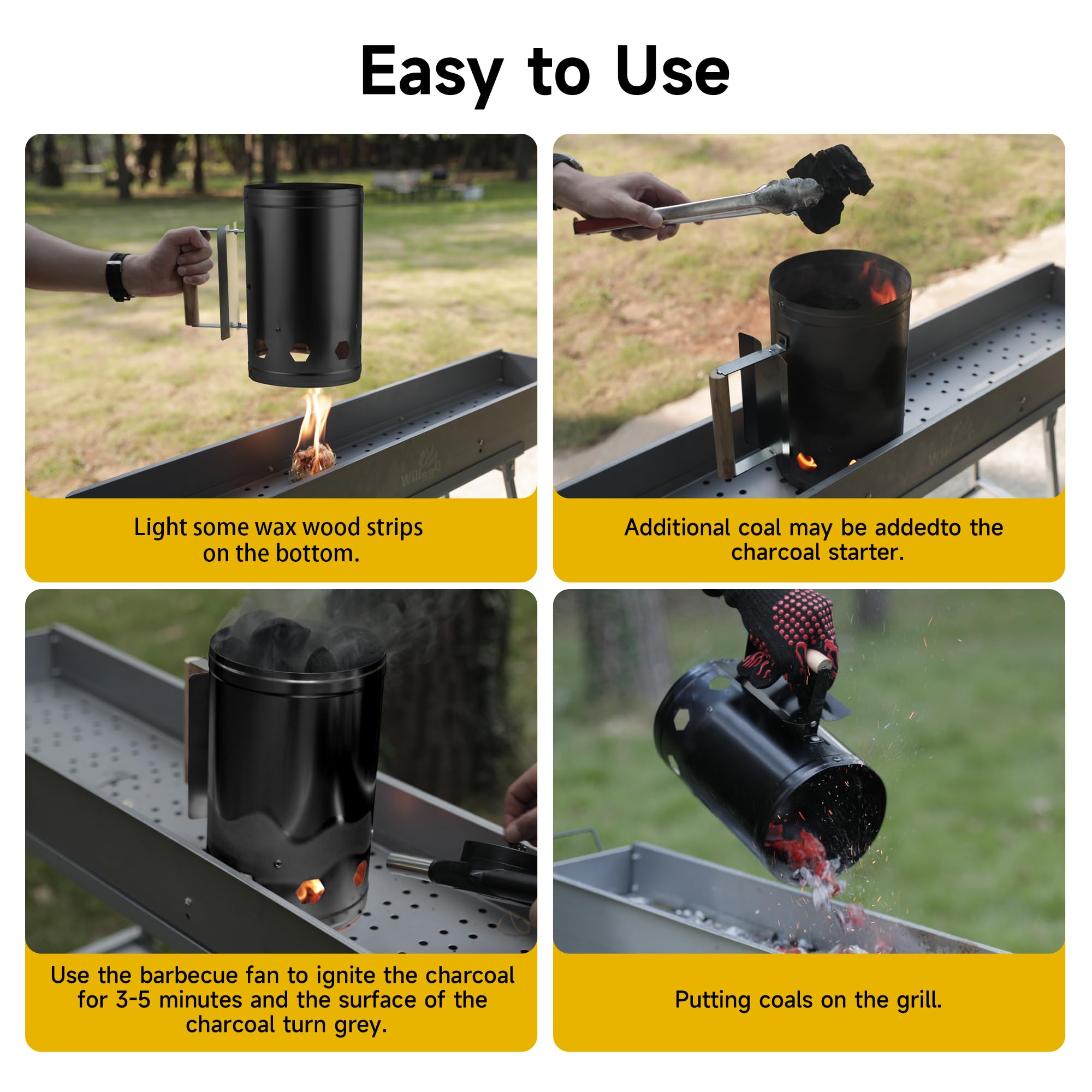 WILLBBQ Charcoal Chimney Starter Great for Fireplace, BBQ, Fire Pits, Barbecues, Chimineas, Campfires, Pizza Ovens - Zinc Steel BBQ Kit, 20 Starters, Heat Resistant Gloves Blower (Bright Black)