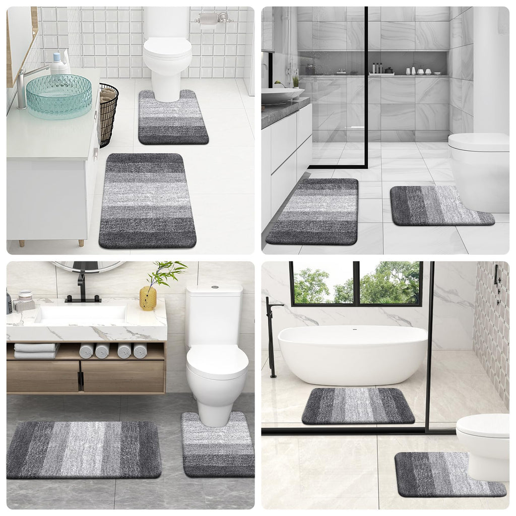 OLANLY Bathroom Rugs Sets 4 piece, Soft Microfiber Absorbent Bath Mat, U-Shaped Contour Toilet Mat and Toilet Lid Cover, Quick Dry, Machine Washable, Toilet Cover and Rug Set for Bathroom, Grey