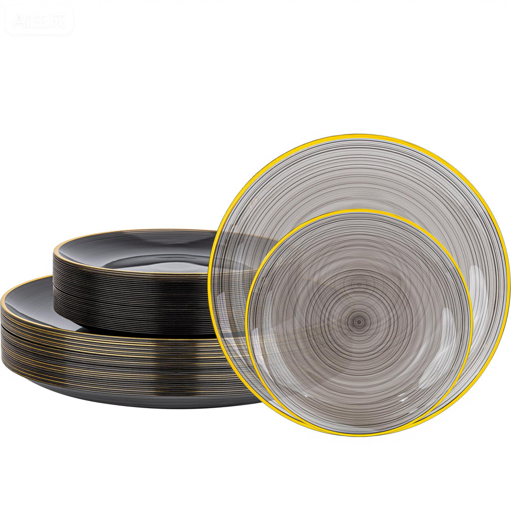 Morejoy 60Pcs Brown Plastic Plates,Brown Disposable Plates With Gold Rim, Gold Party Dinnerware Set Include 30 Dessert plates,30 Dinner plates for Party & Wedding