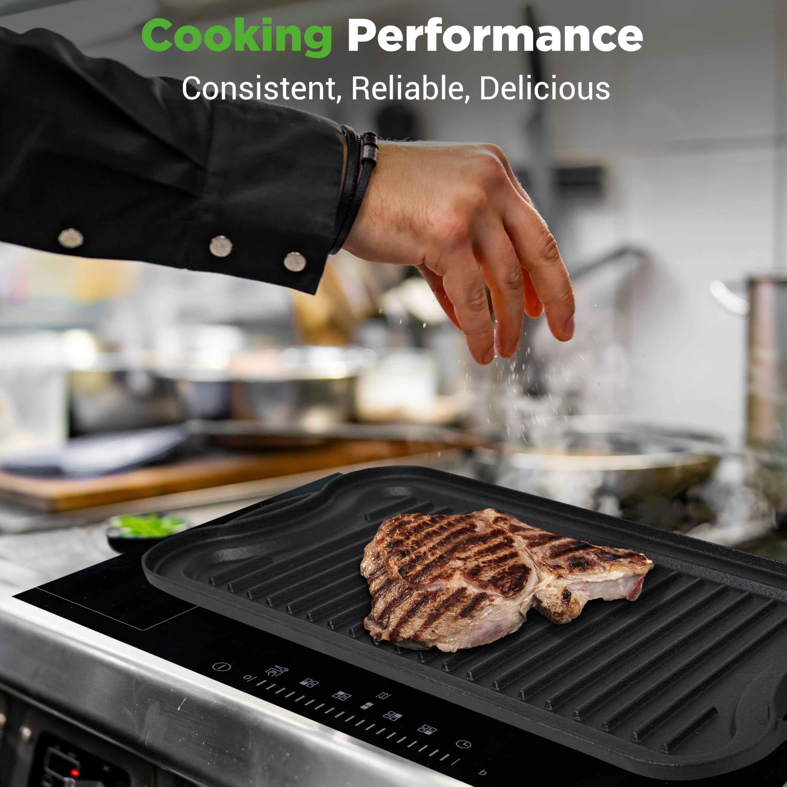 NutriChef Cast Iron Reversible Griddle 18x10 Inch – Pre-Seasoned Flat Top & Ridged Grill Side, Stove Top Griddle for Gas Grill, Outdoor & Indoor Cooking