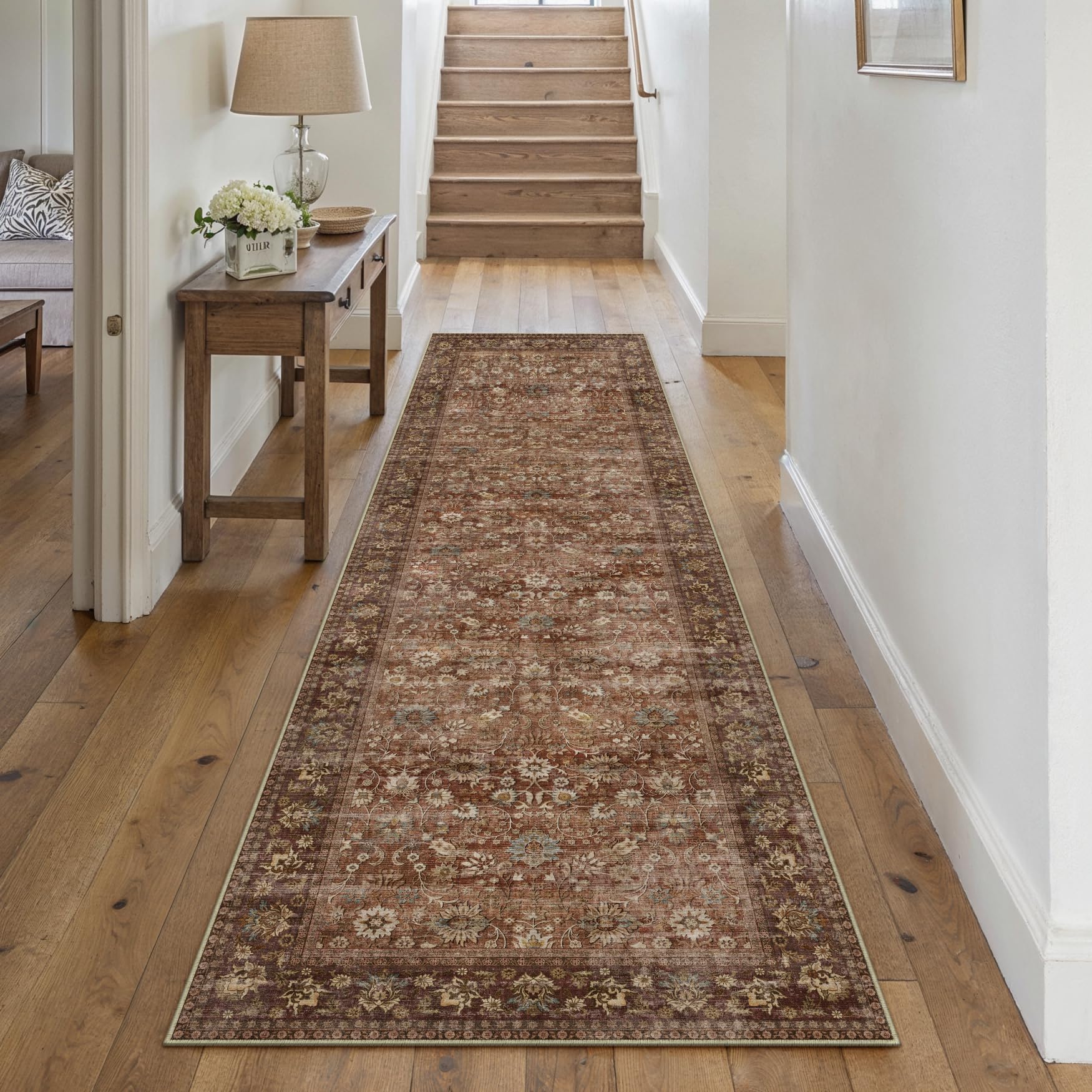HUGEAR 5x7 Machine Washable Rugs Brown Hallway Area Rug Indoor Accent Rug Floral Low Pile Carpet Soft Throw Aesthetic Rug Bedroom Living Room Office Dining Room Kitchen Laundry Room Non Slip