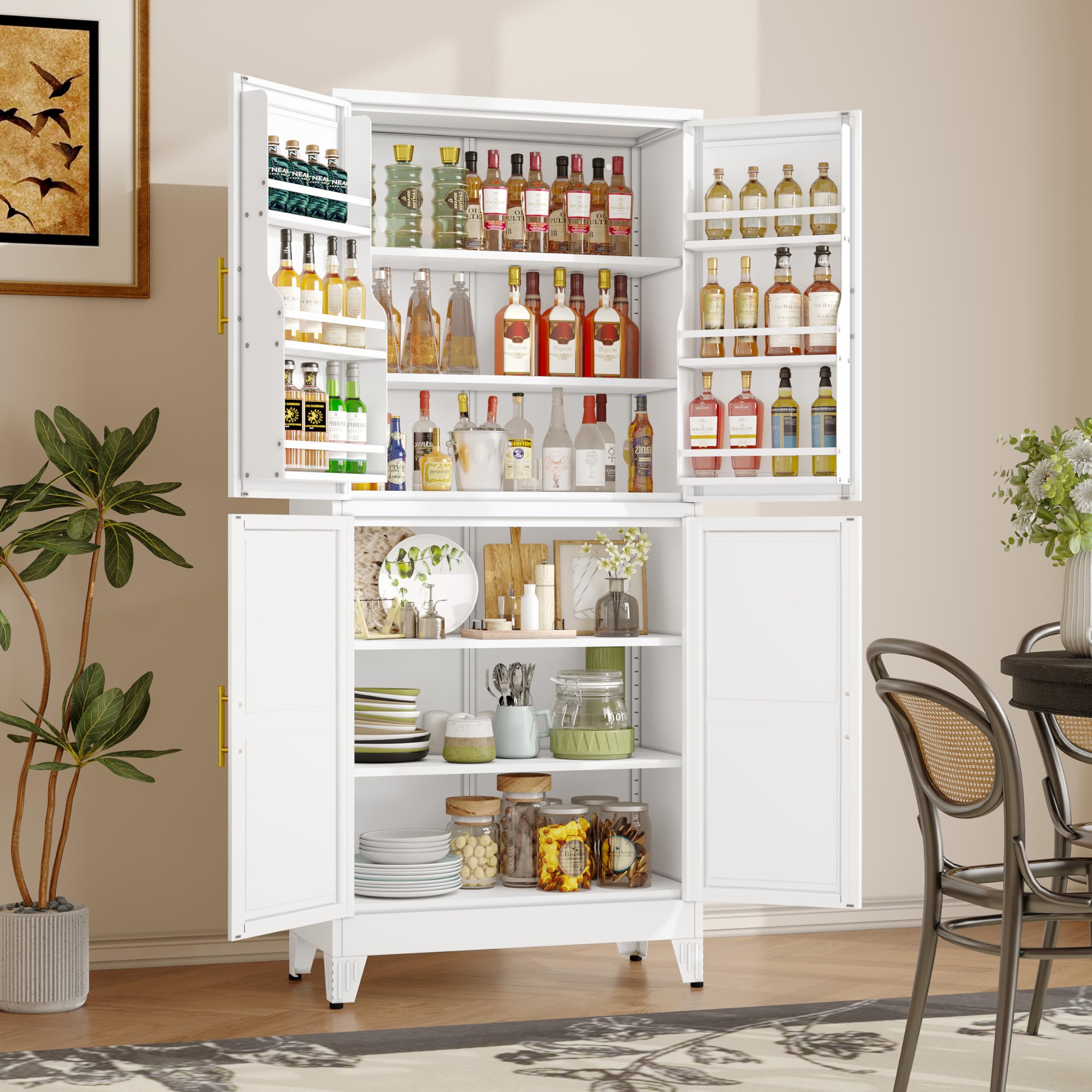 GAIOUS Metal Pantry Cabinet, Kitchen Pantry Storage Cabinets with 2 Door and 3 Adjustable Shelves, White Kitchen Pantry Cabinet, Freestanding Cupboard for Dining Room Living Room Bathroom