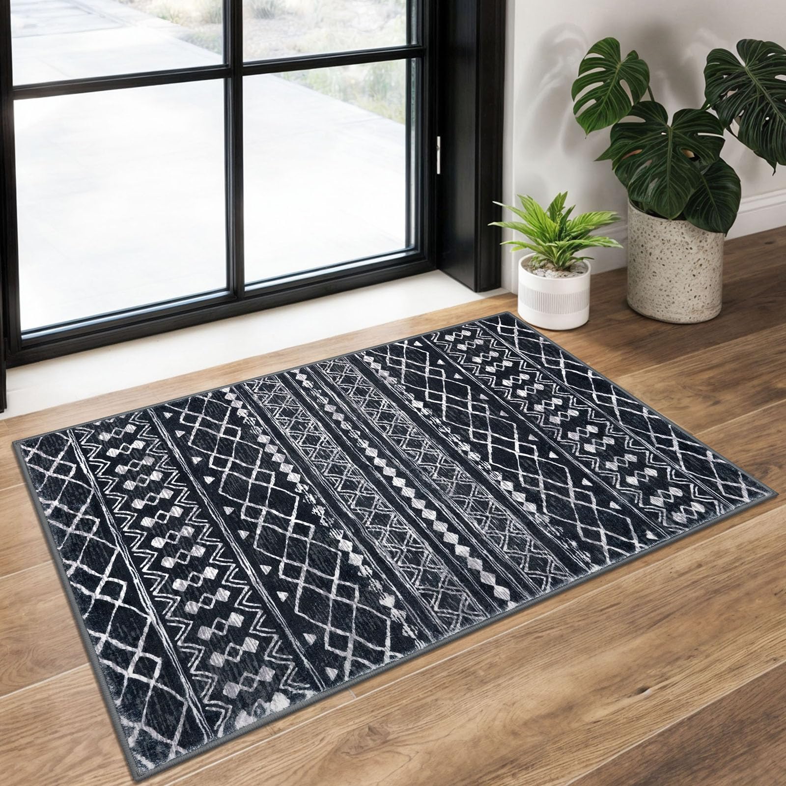 KUTA Washable Non-Slip Rugs for Entryway 2x3, Grey Moroccan Boho Small Area Rug, Ultra Soft Vintage Geometric Low-Pile Indoor Door Mat Floor Carpet for Indoor, Entrance, Kitchen, Bathroom, Bedroom