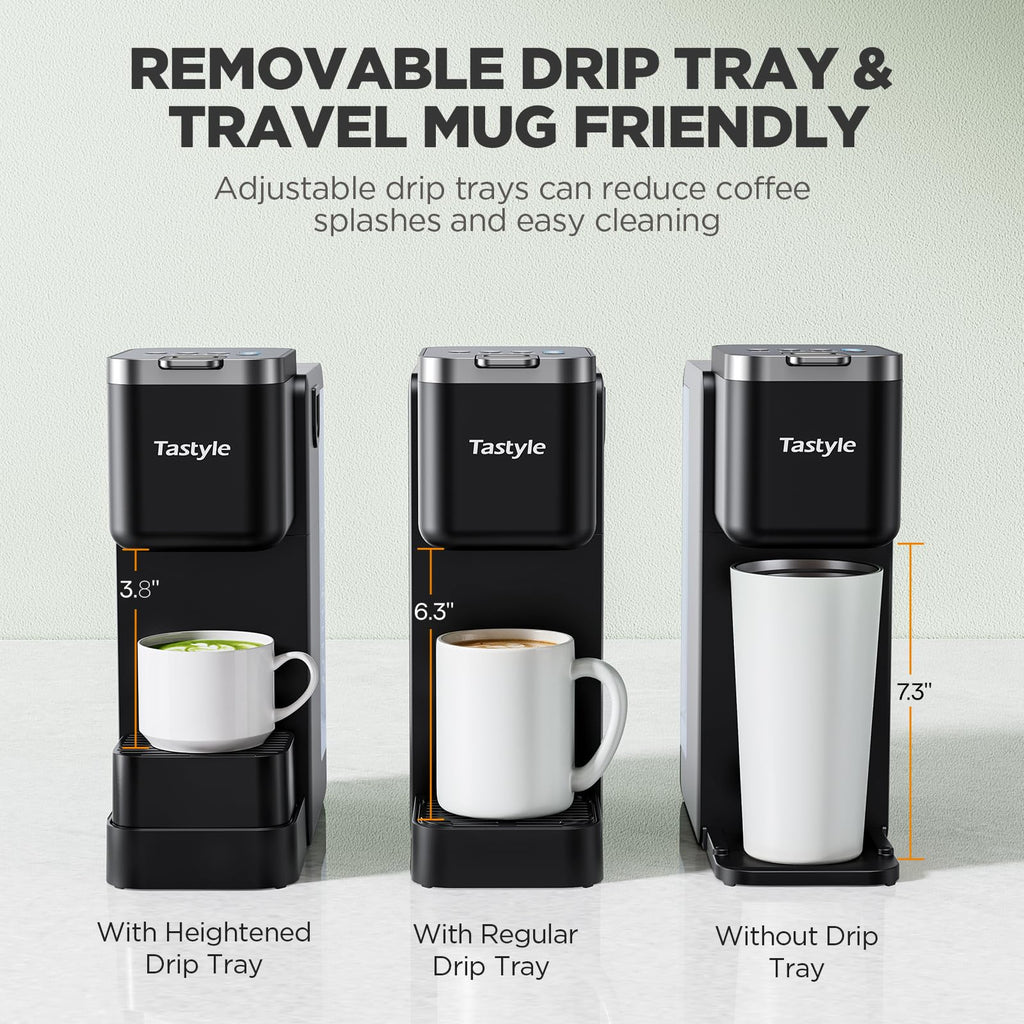 Tastyle 330MF Single Serve Coffee Maker with Built-in Detachable Milk Frother, Iced and Hot Coffee Machine for K Cup & Grounds, 40oz Removable Water Reservoir, 6 Cup Sizes, Fits 7.3" Travel Mug, Black