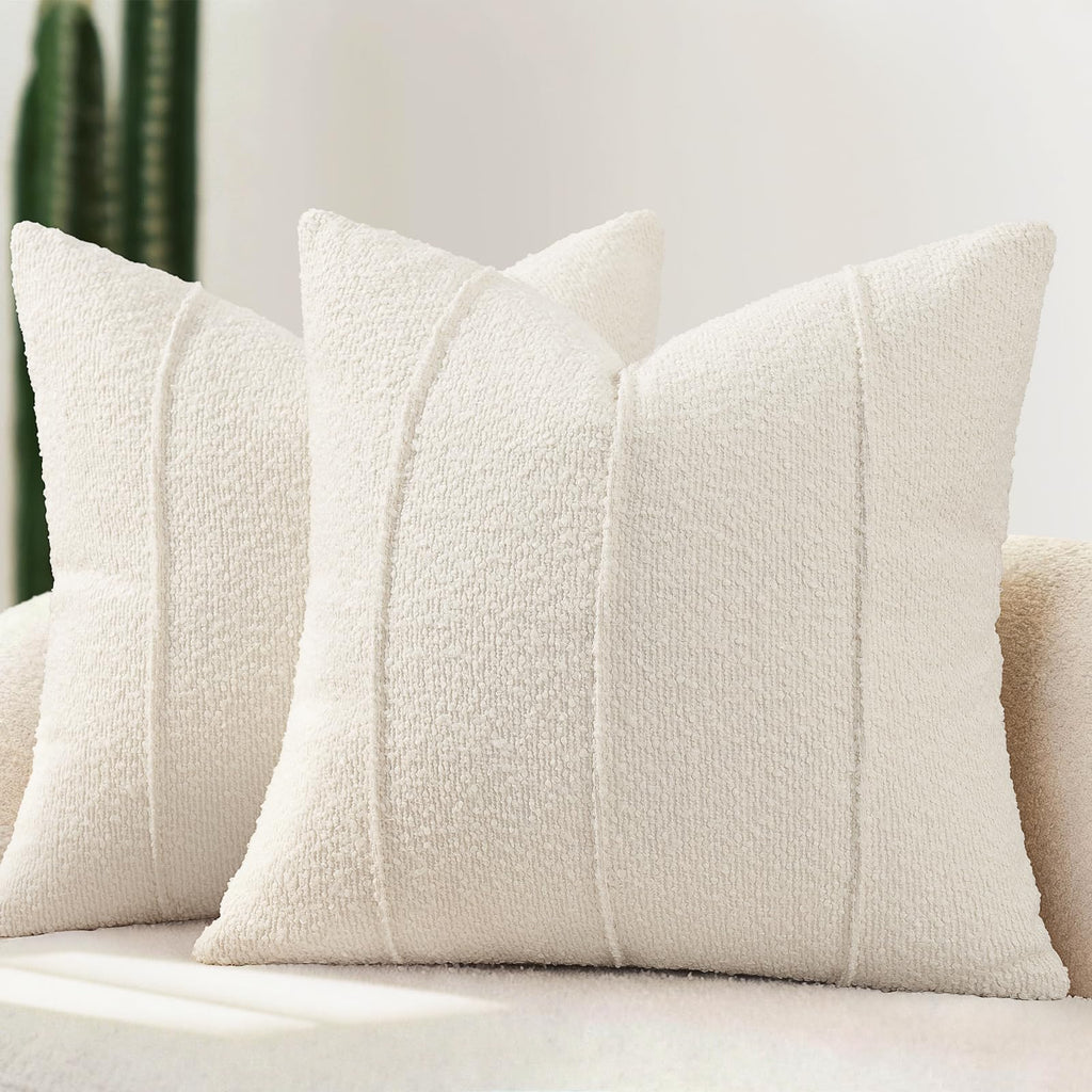 YCOLL Textured Boucle Throw Pillow Covers 20x20 Pack of 2 - Soft Neutral Striped Cushion Covers, Cozy Accent Decorative Pillow Covers for Couch, Sofa, Bed, Living Room (Beige)