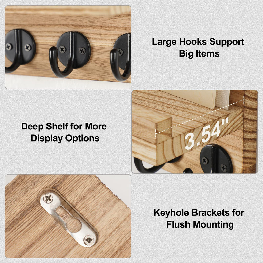 Key Holder for Wall, Decorative Key and Mail Holder with Shelf Has Large Hooks for Bags, Coats, Umbrella – Paulownia Wood Key Hanger with Mounting Hardware (9.8”W x 6.7”H x 4.2”D)