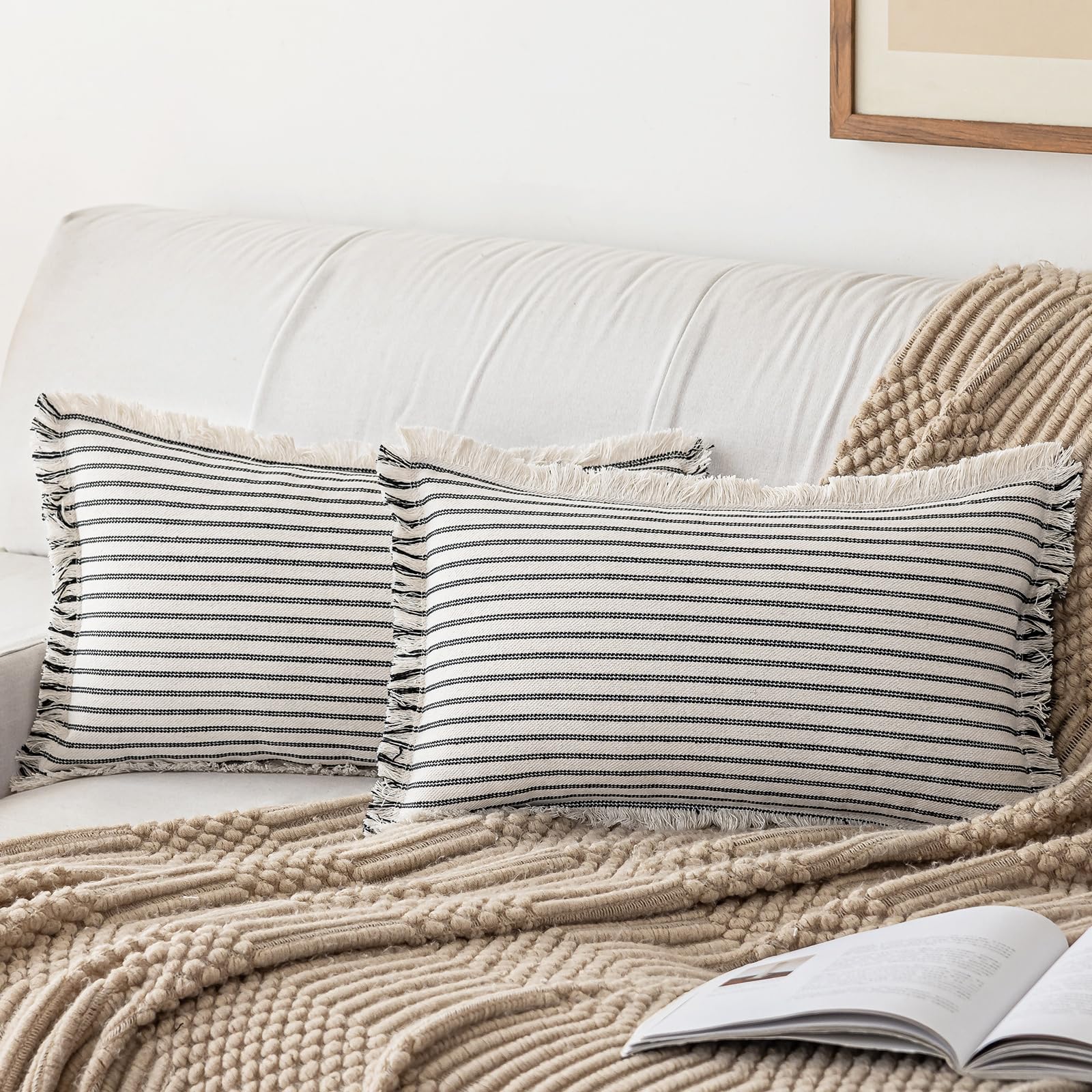 YEENAASY Throw Pillow Covers 20x20 Set of 2 Striped Fringe Pillow Cover Farmhouse Cushion Covers with Tassel Neutral Boho Pillows Decorative Square Pillowcase for Couch Sofa Bed, Black