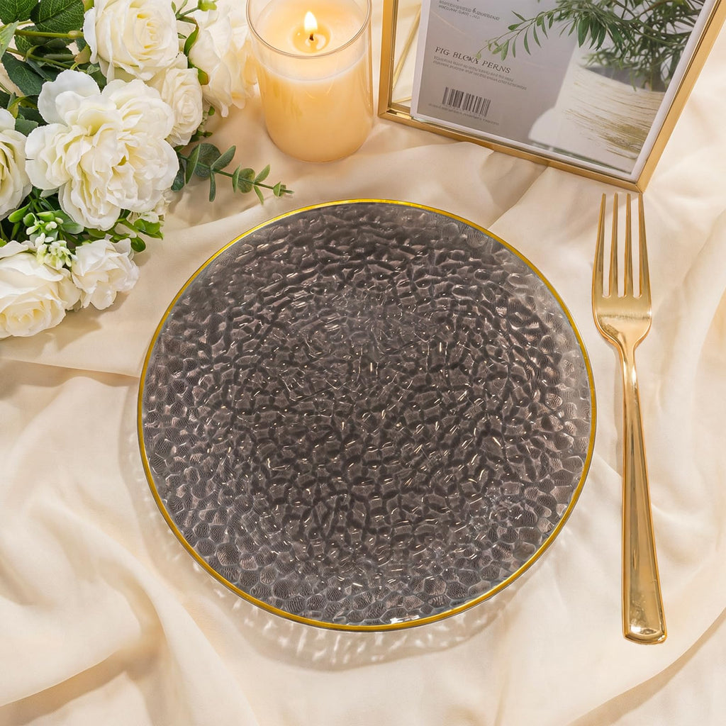 DaYammi 240Pcs Gold Plastic Plates Including 120Pcs Dessert Plates and 120Pcs Cake Forks,Hammered Party Plate,Clear Gold Appetizer plates Heavy duty Disposable Plastic Plate for Party Wedding Birthday