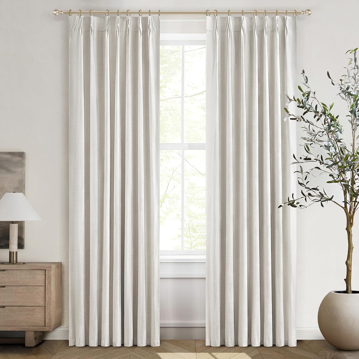 Natural Linen Pinch Pleated Blackout Curtains & Drapes 96 Inch Long Bedroom/Livingroom Farmhouse Curtains 2 Panel Sets, Neutral Track Room Darkening Thermal Insulated 8ft Back Tab Window Curtain