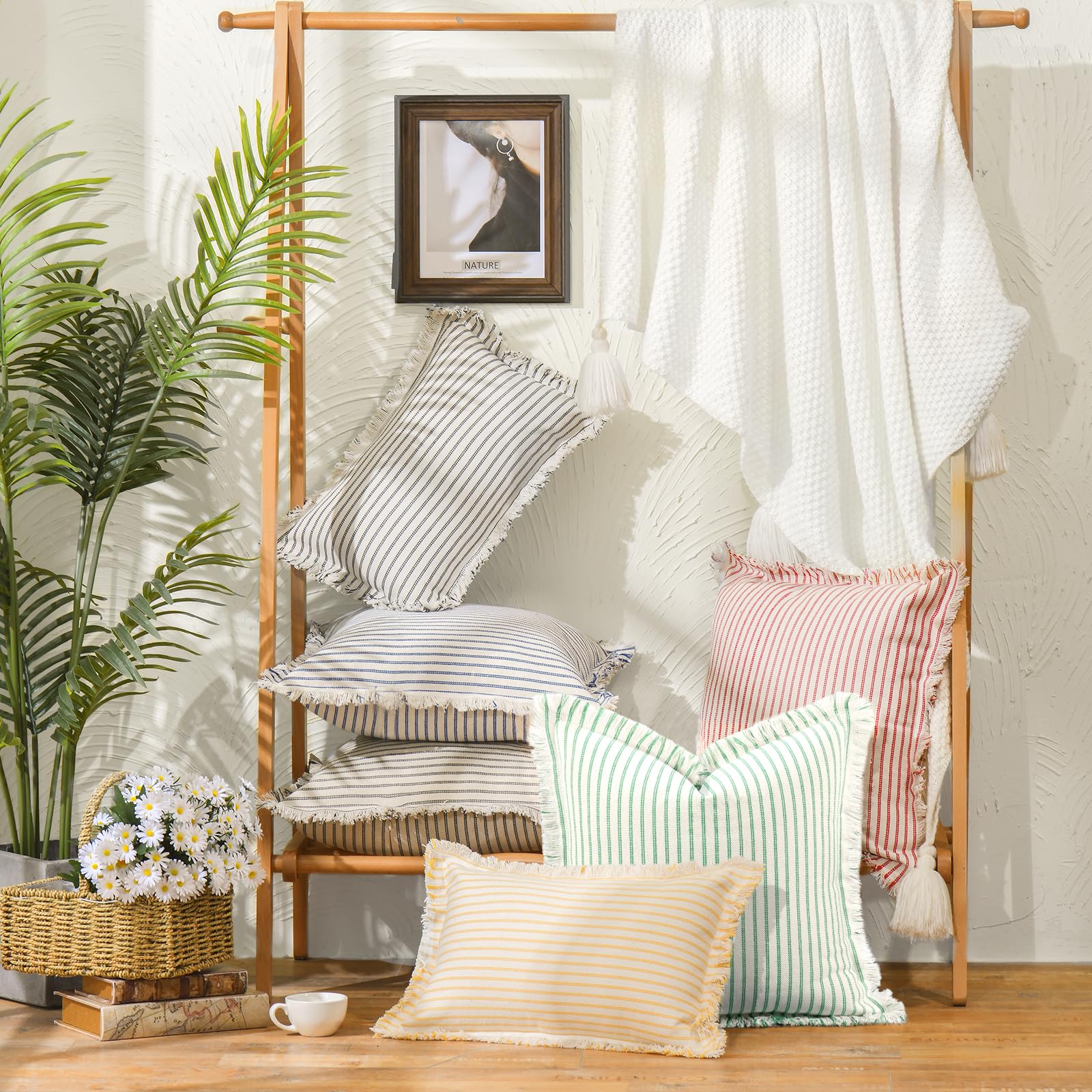 ZWJD Throw Pillow Covers 20x20 Set of 2 Striped Pillow Covers with Fringe Chic Cotton Decorative Pillows Square Cushion Covers for Sofa Couch Bed Living Room Farmhouse Decor, (Gray)